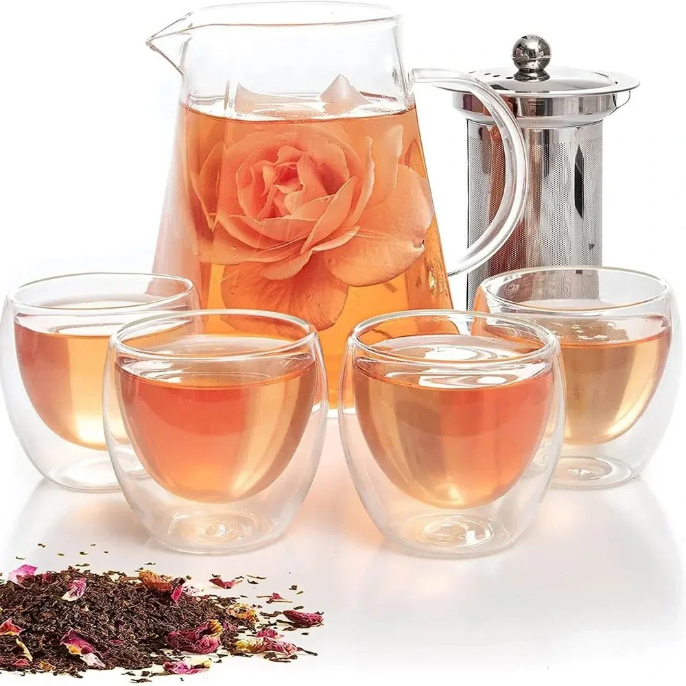 Glass Tea Pot Set, 33 oz. Kettle with Removable Infuser with 4 Double Wall Cups